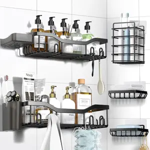 Shower Caddy Adhesive Shower Organizer 7-Pack, Rustproof Stainless Steel Bathroom Shelves, Large Capacity No-Drill Rack Storage Accessories with Soap Dish Toothbrush Holder &24 Hooks Home Decor