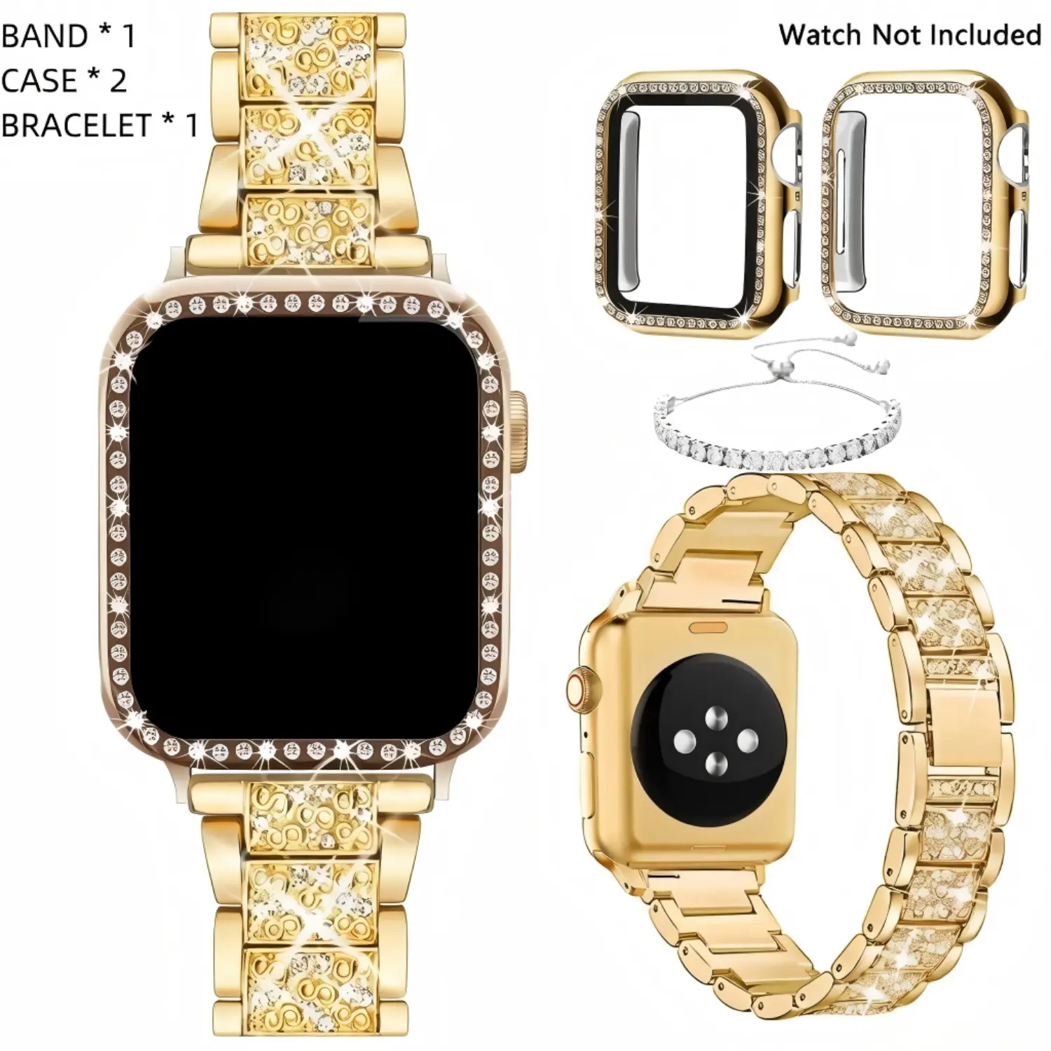 Silver Watch Band Set for Women, 4-Piece Elegant Rhinestone Adjustable Strap with Matching Bracelet and 2 Protective Cases for Smart Watches, Accessories, Luxury
