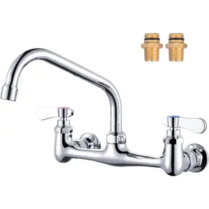 Commercial Sink Faucet with 8” Swivel Spout 8" Center Wall Mount Kitchen Faucet Dual Handles Brass Utility Sink Faucet for Laundry Room Restaurant Compartment Sink Polish Chrome