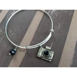Camera Adjustable Expandable Bangle Bracelet Charm Black Crystal Silver Photography Handmade