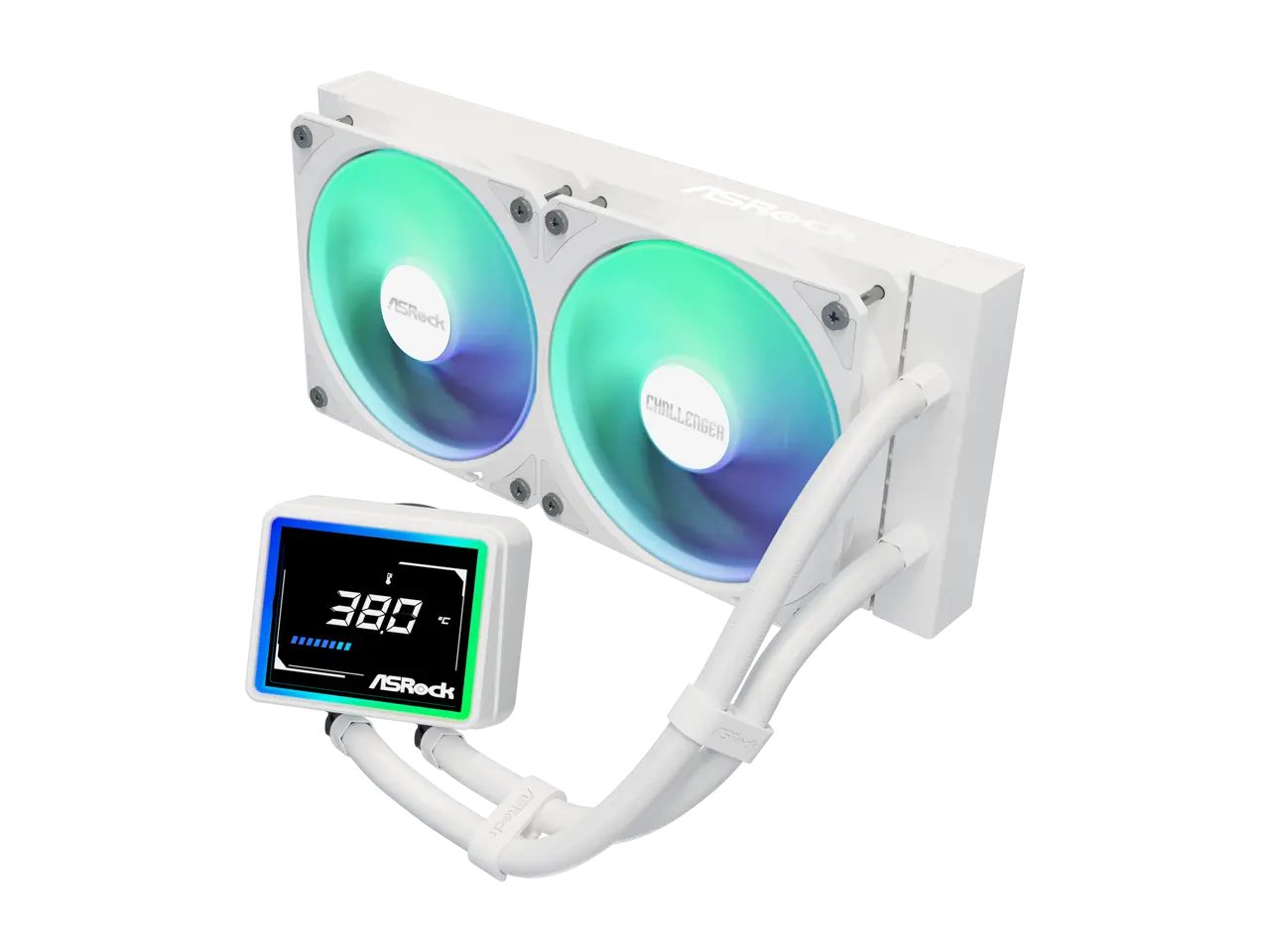 ASRock AIO Challenger White 240 Digital 27mm radiator, 3" Digital Display w/ ARGB, ARGB Hub-lighting fan, white version