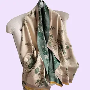 Lady’s Elegant Double-Sided Floral Cashmere Scarf, Green-Beige Double-Sided Embroidered Shawl, Spring-Summer Air Conditioner Blanket, Autumn-Winter Warmth Imitation Cashmere Collar, Luxury Gift Scarf.Mother's Day