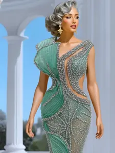 Elegant Dubai Beaded Mermaid Formal Evening Dresses Crystal 3D Appliques Arabic Prom Dress Mint Green Party Gown Robe De Soiree