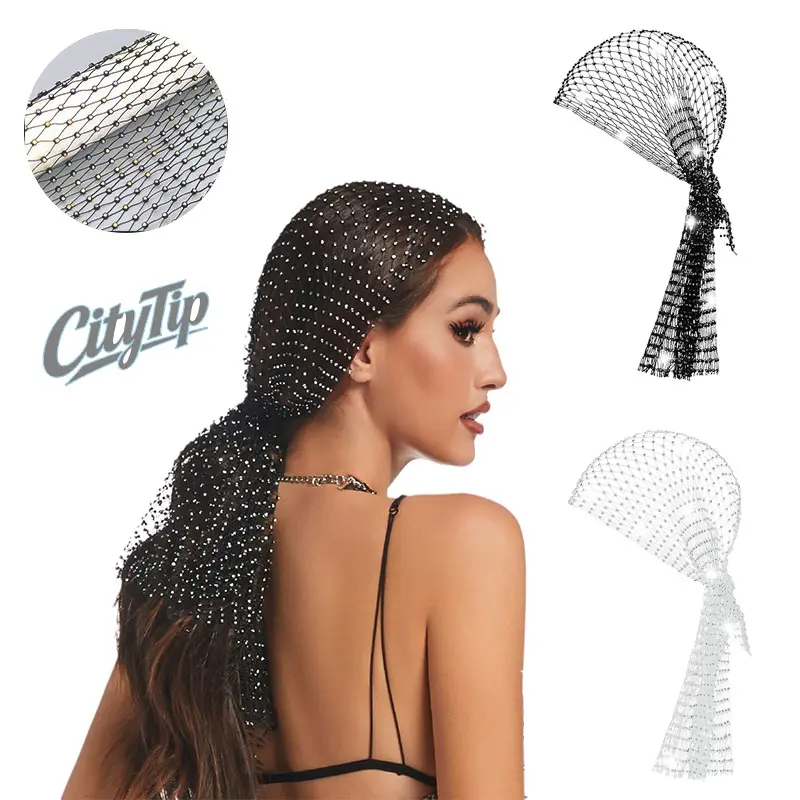 2 Pack Rhinestone Mesh Head Scarf For Women, Sparkly Crystal Wide Headband Stretchy Head Wraps, Glitter Fishnet Rave Nightclub Festival Party Hair Accessories (Black & White)