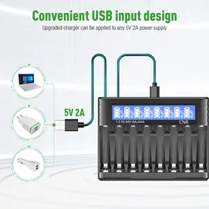 8-Port Aa/aaa Battery Charger, USB Fast Charging, Independent Slots, Compatible with 1.2v Nimh/nicd Rechargeable Batteries, Universal Battery Charger