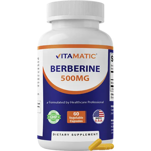 Vitamatic Berberine 500mg Natural Dietary Supplement - 60 Vegetarian Capsules Vitamins Supplements - Supports Metabolism, Cholesterol Management - Made in USA, Gluten Free, Non-GMO (1 Bottle)