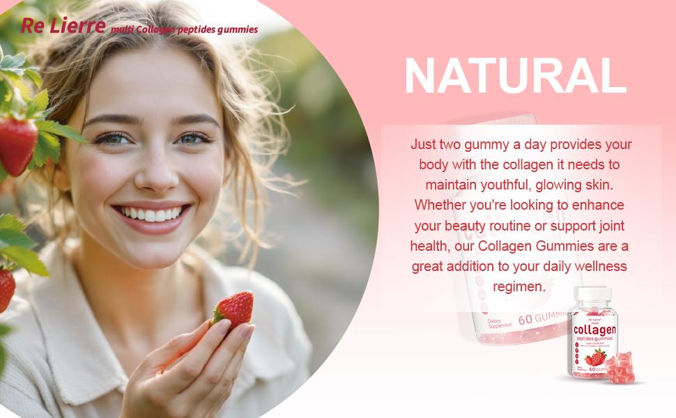 RE LIERRE Multi Collagen Gummies | 5 Types Peptides with Biotin & Hyaluronic Acid | Anti-Aging & Radiant Skin Supplement | Strawberry 60 Ct