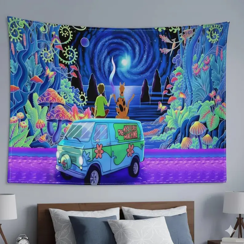Mystery Machine Psychedelic Tapestry |   Cartoon Mushroom Forest Wall Hanging |   Hippie Room Decor |   Trippy Art Tapestry