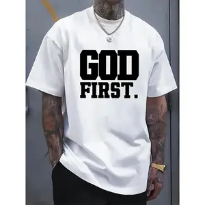 Men'sCotton T-Shirt with Bold 'GOD FIRST' Graphic Print - White with Black Lettering, Loose Fit Crew Neck Short Sleeve, All-Season Comfort, Machine Washable Casual Casual Attire, Comfortable Fit Tee, Simple Style Tee, Durable Fabric