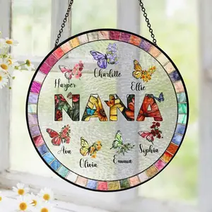 Custom Floral Nana and Her Butterflies Suncatcher - Custom Butterfly and Birth Month Flower Window Art - Grandma Gift with Grandkids Names - Mothers Day Gift for Nana