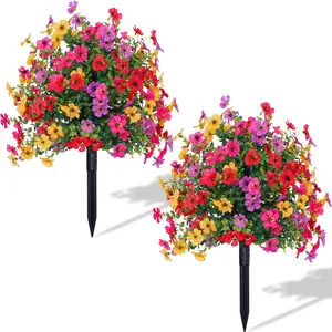 1/2pcs Artificial Straight Plug Plant Flowers with Ground Spikes for Outdoor Decoration, Artificial Flowers For Outside, Artificial Daisy Eucalyptus Flowers Look Real, UV Resistant Home & Outdoor Decor Simulation Tree