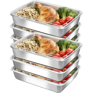 6-Piece Stainless Steel Food Storage Containers with Clear Plastic Lids, Stackable Reusable Food Storage Trays for Refrigerator, Meal Prep, Deli Meat, Cheese, Fruits, Salad and Snacks, Great for Kitchen,Picnic,Travel,BBQ, Freezer, Oven and Dishwasher Safe