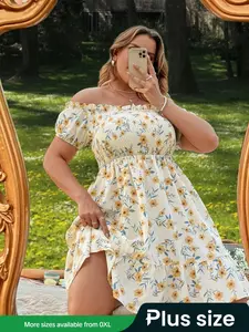 【Plus Size】 Floral Print Frill Trim Shirred Dress, Elegant Fashion Casual Off Shoulder Dress for Daily Outdoor Wear, Women Plus Clothing for Summer, Plus Size Dresses, Shortsleeve Sundresses