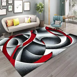 Modern 2D Abstract Curved Flannel Area Rug, Abstract Area Rugs - Red Black White Geometric Print Soft Mat for Living Room & Bedroom, Non-Slip Home Decor