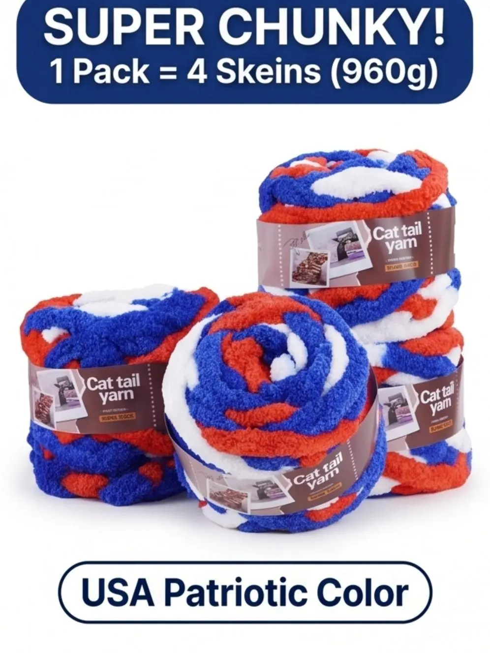 Patriotic Red White Blue Chunky Chenille Yarn (4 Pack) - No-Needle Finger Knit Yarn, Ultra Soft Plush Cat Tail Yarn for DIY Blankets & Gifts