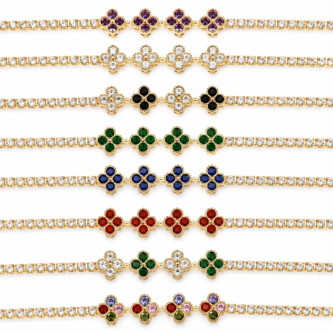 4-Clover Tennis Bracelet – Gold Tone, Sparkling Stones, 8 Color Options