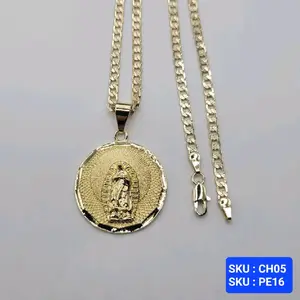 Virgin Mary Pendant Cuban Link Style 24 Inches 4 Millimeters Laminated Gold Jewerly Necklace SKU : PE16