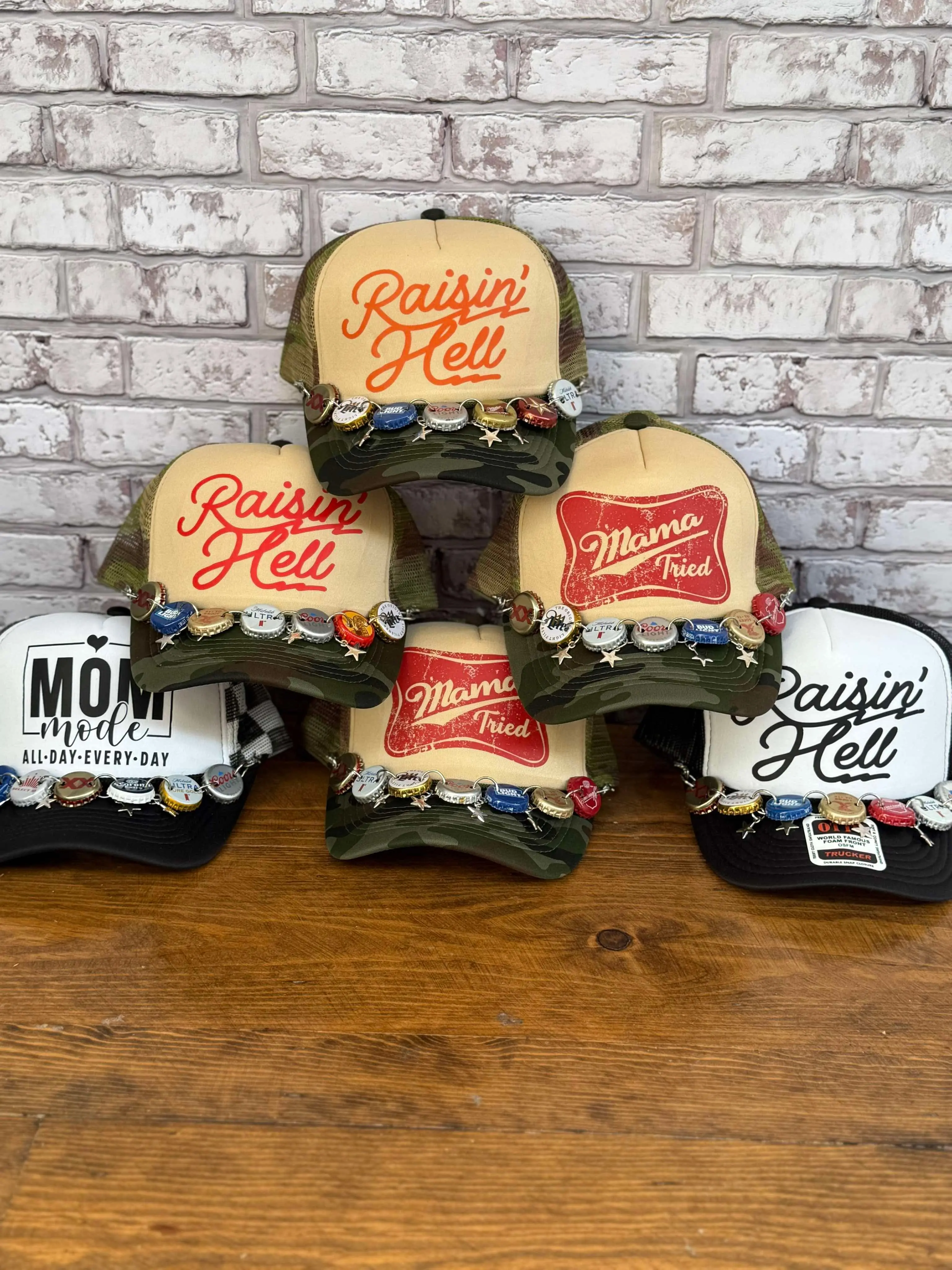 Raisin’ hell Printed trucker hat w/ repurposed bottle cap chain