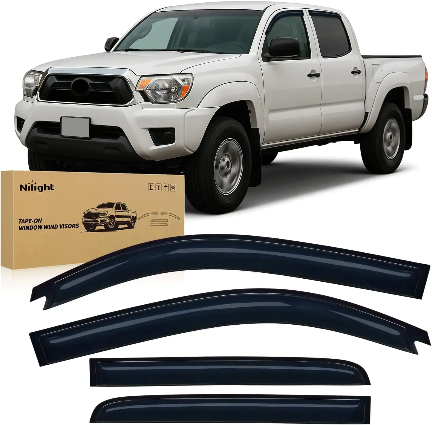 Nilight Acrylic Out-Channel Side Window Visors - 4PCS Automotive Car Accessories Wind Deflectors for Toyota Tacoma Double Cab 2005-2015, Heat Bonding Mounted, Rain Blocking, Fog Prevention, Wind Noise Reduction