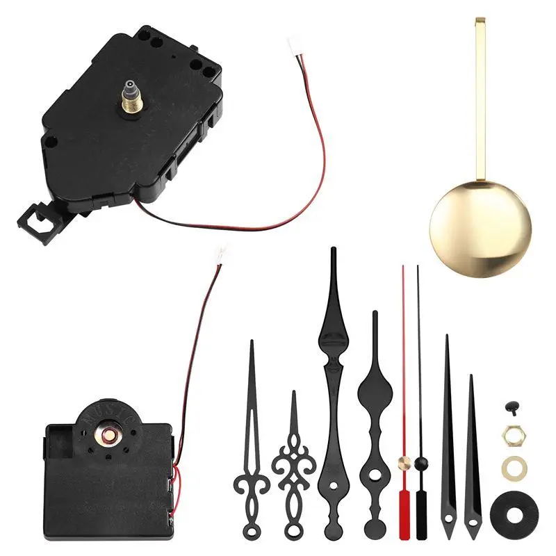 Quartz Clock Movement Westminster Chime Jump Second Mechanism Automatic Night Silence Trigger Clock Kit for DIY Making & Repair, with 3 Pairs Aluminum Hands & Gold Pendulum (Plastic, Black)