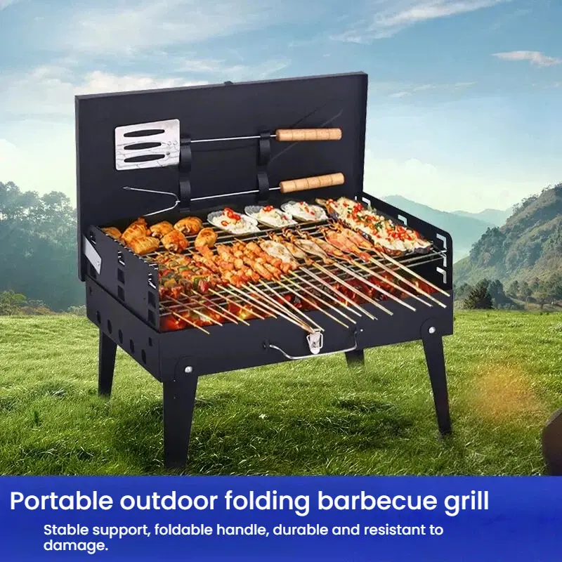 Portable Foldable Barbecue Grill with Utensils, 46cm Ideal Height Compact Stand for Backyard & Camping Cooking, Serves 3-4 People