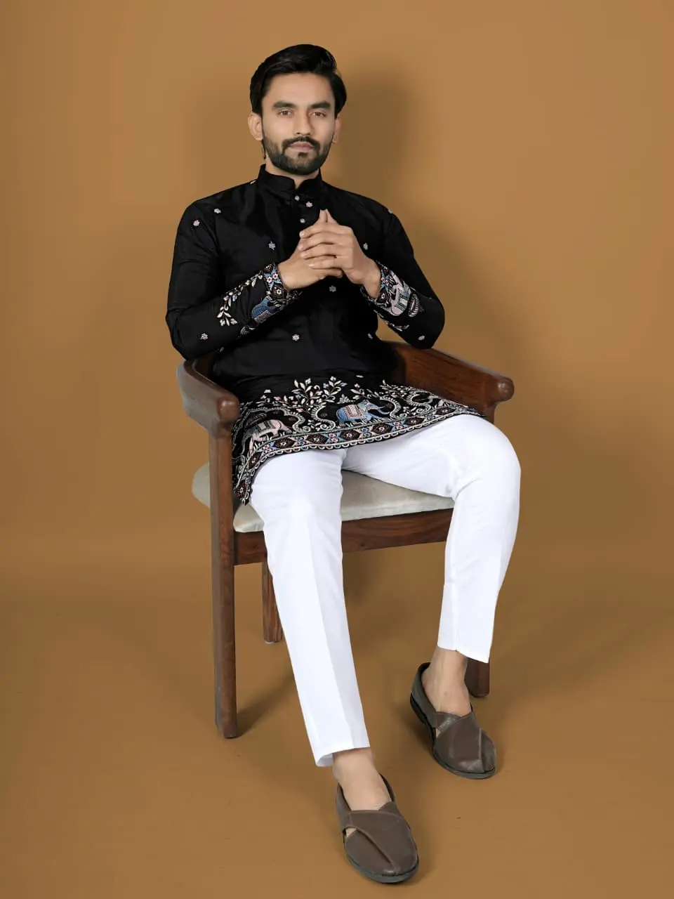 Men's Royal Classic 2-Piece Silk-Cotton Kurta Pajama Set - Heavy Embroidery, Silk-Rich Texture, Cotton Pajama Base, Standard Size (M, L(40), 3XL(46)), Modest Islamic Ethnic Wear for Weddings, Festivals