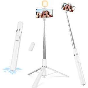 68" Phone Tripod, Selfie Stick Tripod with Remote and Fill Light, [Tap-to-Open]  Tripod Stand, Lightweight Cell Phone Stand for Video Recording, Travel, Vlogging, White