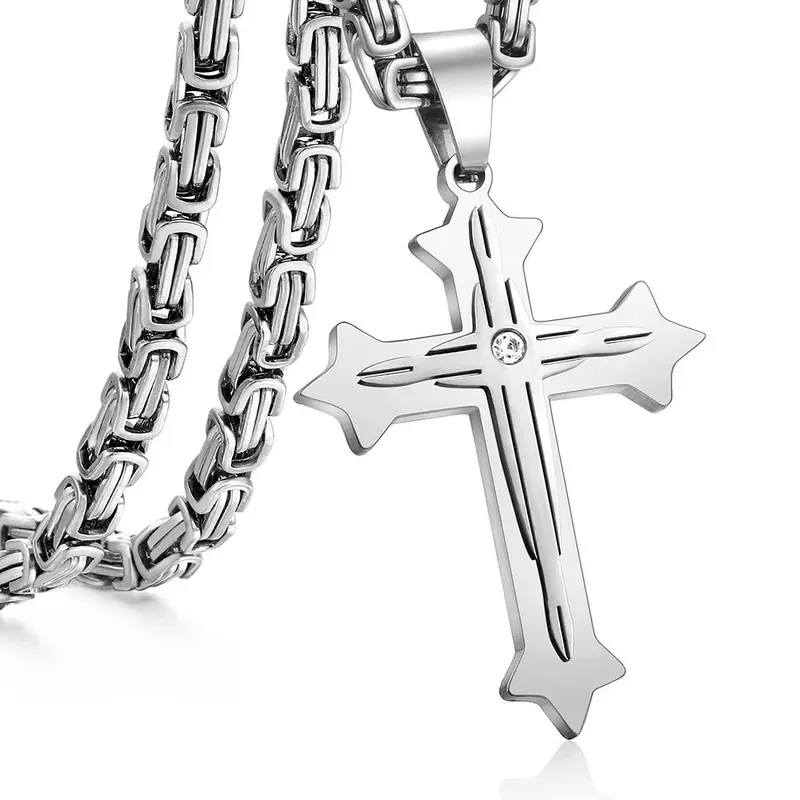 Hermah Silver Color Stainless Steel Cross Pendant Necklace with FREE Byzantine Chain for Men Women Christmas Jewelry Gift