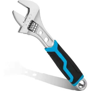 8 Inch Adjustable Wrench, 3-in-1 Spanner with Box End/Hex Function, CR-V Steel, Metric & SAE Scales, Chrome-plated, Bi-material soft Grip