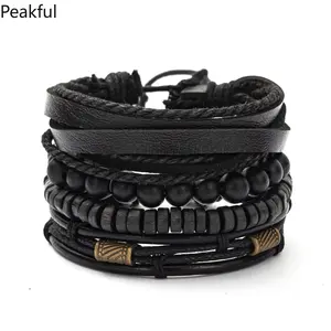 Men's Bracelet Set Leather Strap Anchor Wood Bead Wristband Stackable Combination Handmade Jewelry Accessory