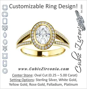 Cubic Zirconia Engagement Ring- The Maritza (Customizable Bezel-Halo Oval Cut Style with Pavé Split Band & Euro Shank)