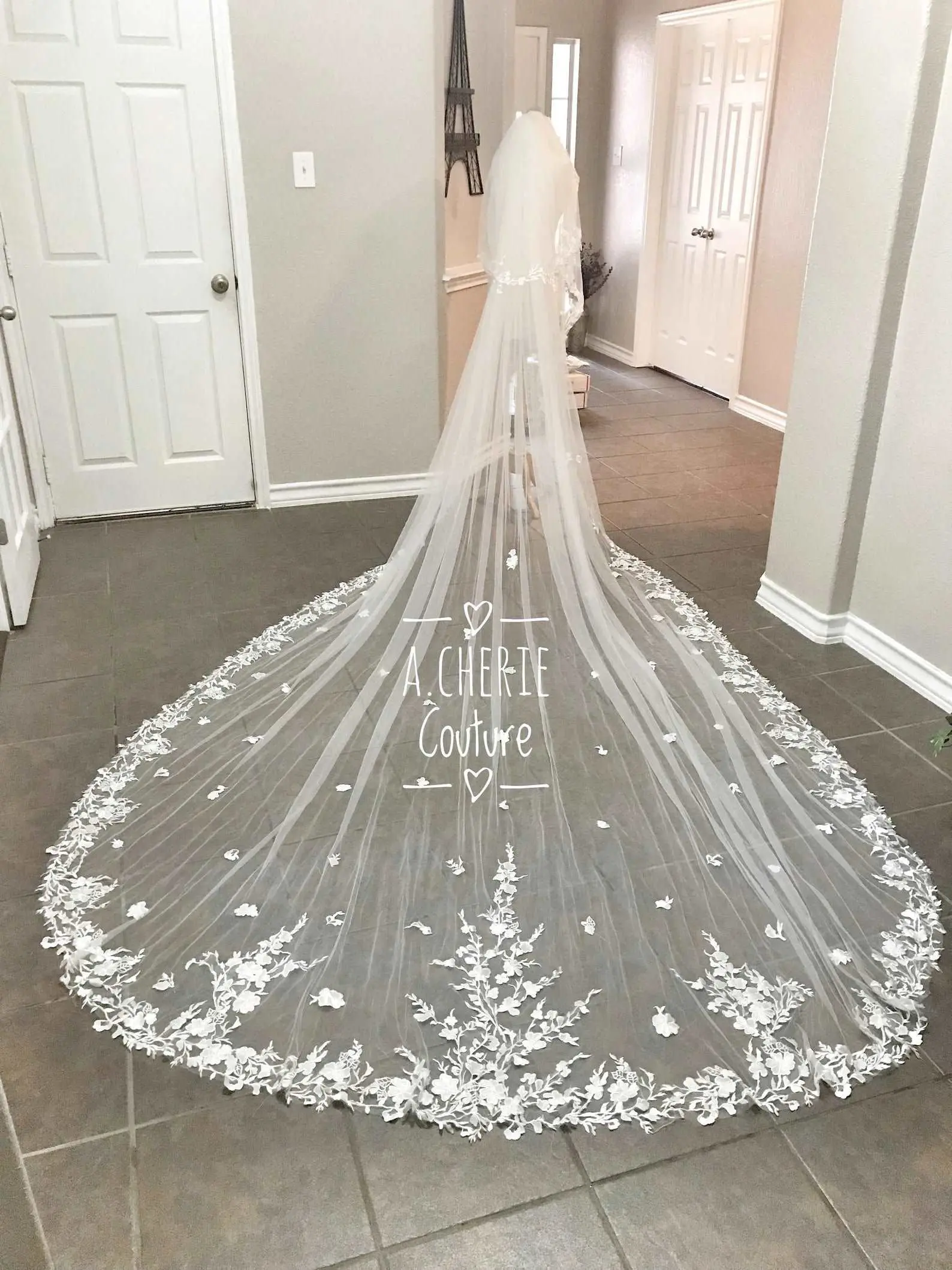 Royal Cathedral Blusher Veil, Light Ivory Tulle Bridal Veil with Trailing Floral Lace Appliqué and Comb, 160-Inch, Made-to-Order, Trailing Veil