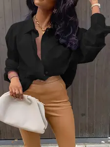 Women's Plain Button Front Blouse Top Shirts, Basic Fitted Solid Color Design, Ideal for Work Office Business, Perfect for Spring & Fall Season, Womenswear