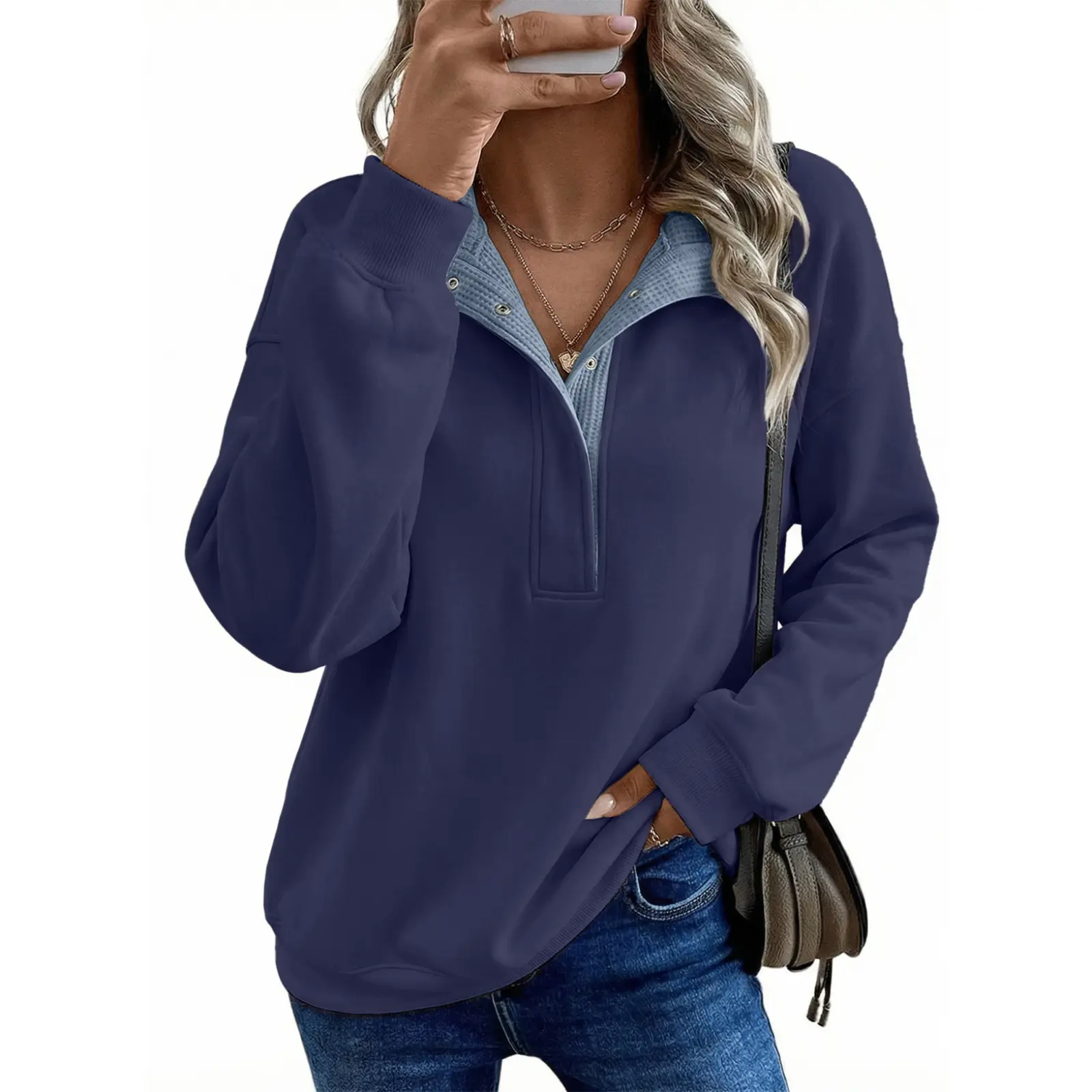 EVALESS Women's Casual Long-Sleeve Baggy Oversized Pullover Sweatshirt, Quarter Button, Lapel Collared, Fleece-Lined, Fall Winter 2025 Womenswear Outfits, Longsleeves, Baggy Oversized Women's Pullover Sweatshirts, Basic, Foldable, Colorblock, Button-Down,