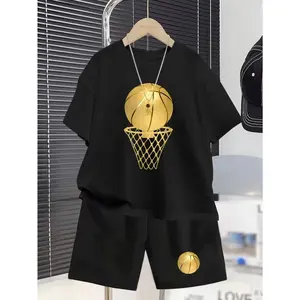 Youth Boys' Golden Basketball Pattern Casual Summer Short Sleeve T-Shirt and Shorts Set | Fashion Outdoor Sports, Regular Fit, Slight Stretch Fabric, Perfect for Spring/Summer/Fall, for Outdoor