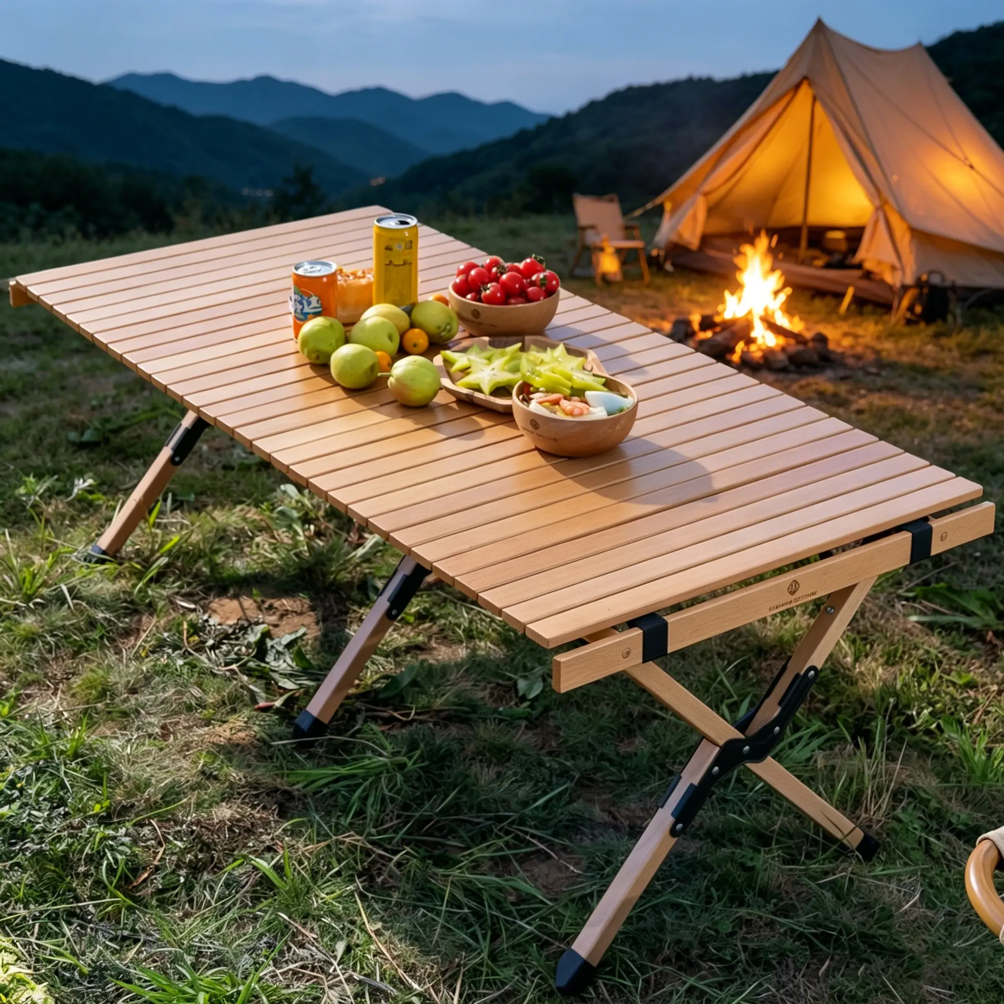 Folding Table —— Indoor/Outdoor All-Purpose Portable Wooden Roll-Up Table for Picnics, Tailgating, Patio, Kitchen, Living Room,Includes Storage bag, Camping Essentials, Camping Gear