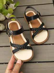 Girls' Solid Color PU Leather Open Toe Flat Sandals, Elegant Flower Decor, Perfect for Spring/summer, Comfortable Rubber Sole
