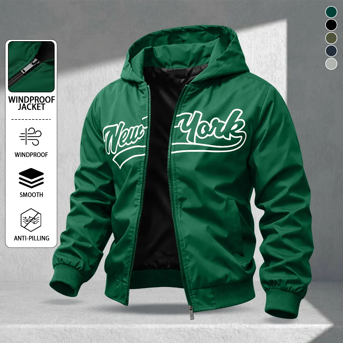 Men's American Vintage Street Style New York 3D Print Hooded Jacket, High-density Windproof Fabric, Smooth Anti-pilling, Early Spring Commuter & Casual Zip-up Cardigan in Various Colors, Suitable for Spring & Summer Wear Menswear windbreaker jacket