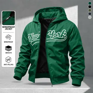 Men's American Vintage Street Style New York 3D Print Hooded Jacket, High-density Windproof Fabric, Smooth Anti-pilling, Early Spring Commuter & Casual Zip-up Cardigan in Various Colors, Suitable for Spring & Summer Wear Menswear windbreaker jacket