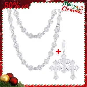【N199+P632】 Round Necklace+Triple Cross Pendant UCCIYO Lab-Created Moissanite S925 Sterling Silver Moissanite Necklace And Pendant Suitable for Men and Women Hip Hop Rap Jewelry