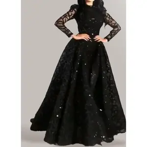 Spring Women's Clothing Dress round Neck Long Sleeve Sequined Puffy Evening Dress