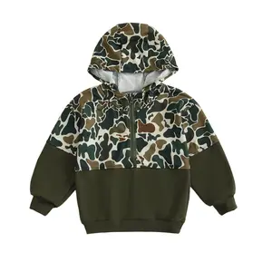 Kids Baby Boy Hoodies Camouflage Half Zip-up Long Sleeve Hooded Sweatshirt Casual Toddler Pullover Tops Kids Camo Hunting Clothes