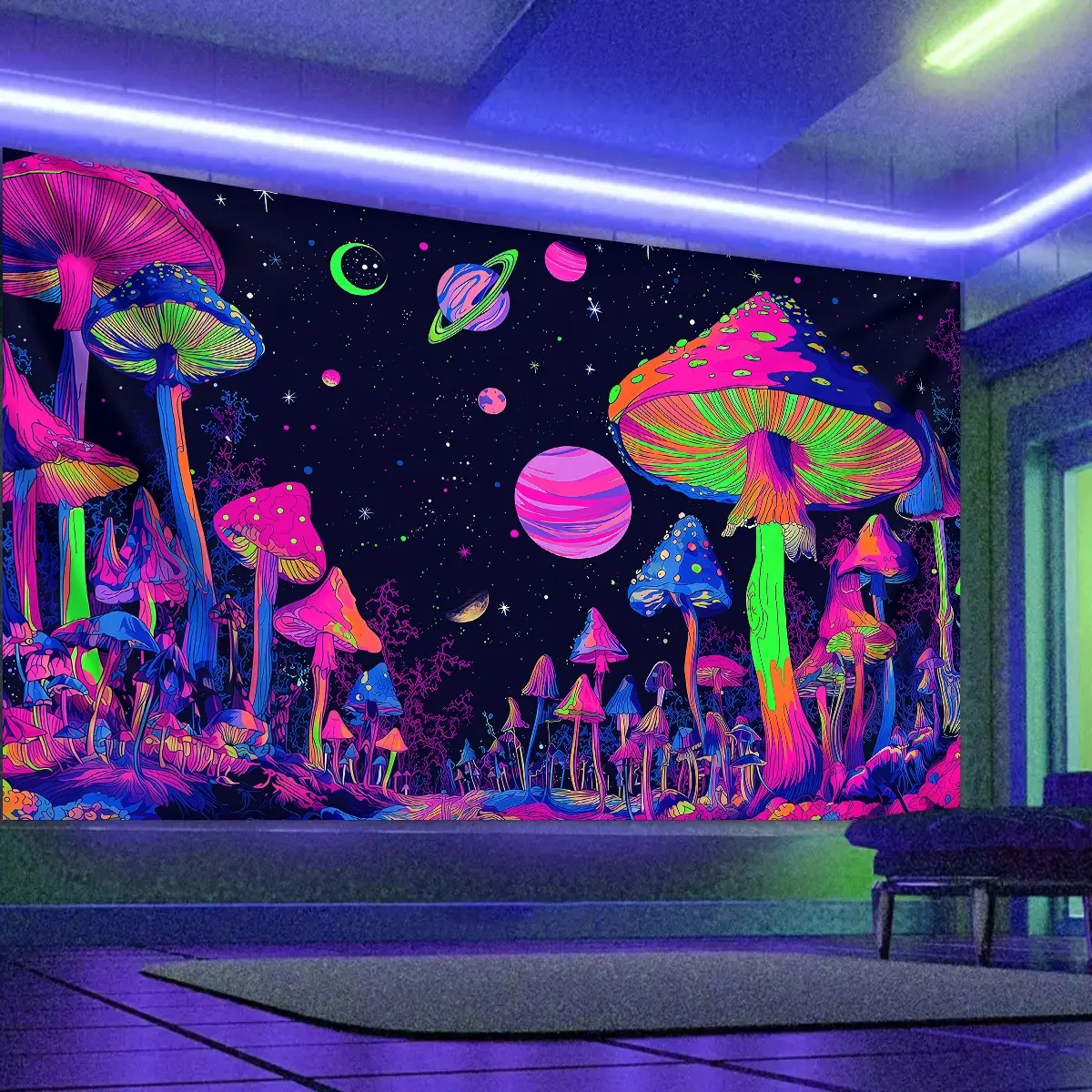 1pc Mushroom fluorescent tapestry, UV tapestry, Trippy Tapestry, Wall Tapestries, vibrant psychedelic galaxy planet and neon effect mushroom hanging wall decoration, perfect art style large tapestry for living room decoration, Funny Tapestry
