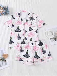 2 pieces of women's Halloween witch and princess printed short sleeved shorts pajama set knitted top pocket elastic waistband suitable for all seasons comfortable casual home wear
