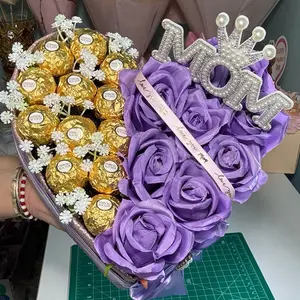 Ferrero Rocher Heart-shaped Box with Purple Roses and "Mom" Decoration, Perfect for Mother's Day Gift