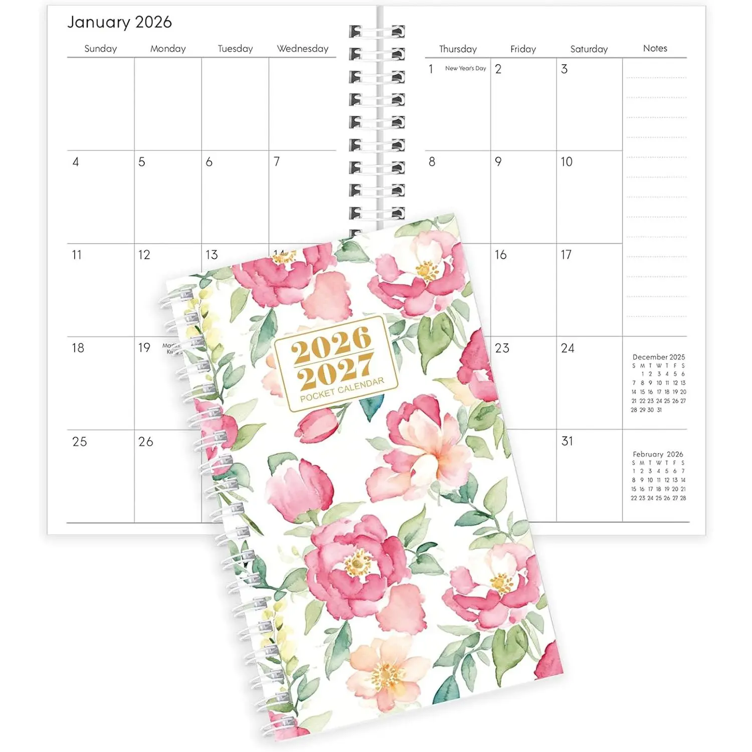 Pocket Calendar 2026-2027, Floral Small Planner -3.7" x 6.7" for Purse, Runs from January 2026 Until December 2027, Monthly Planner 2026-2027 with Coil Organizing & Planning