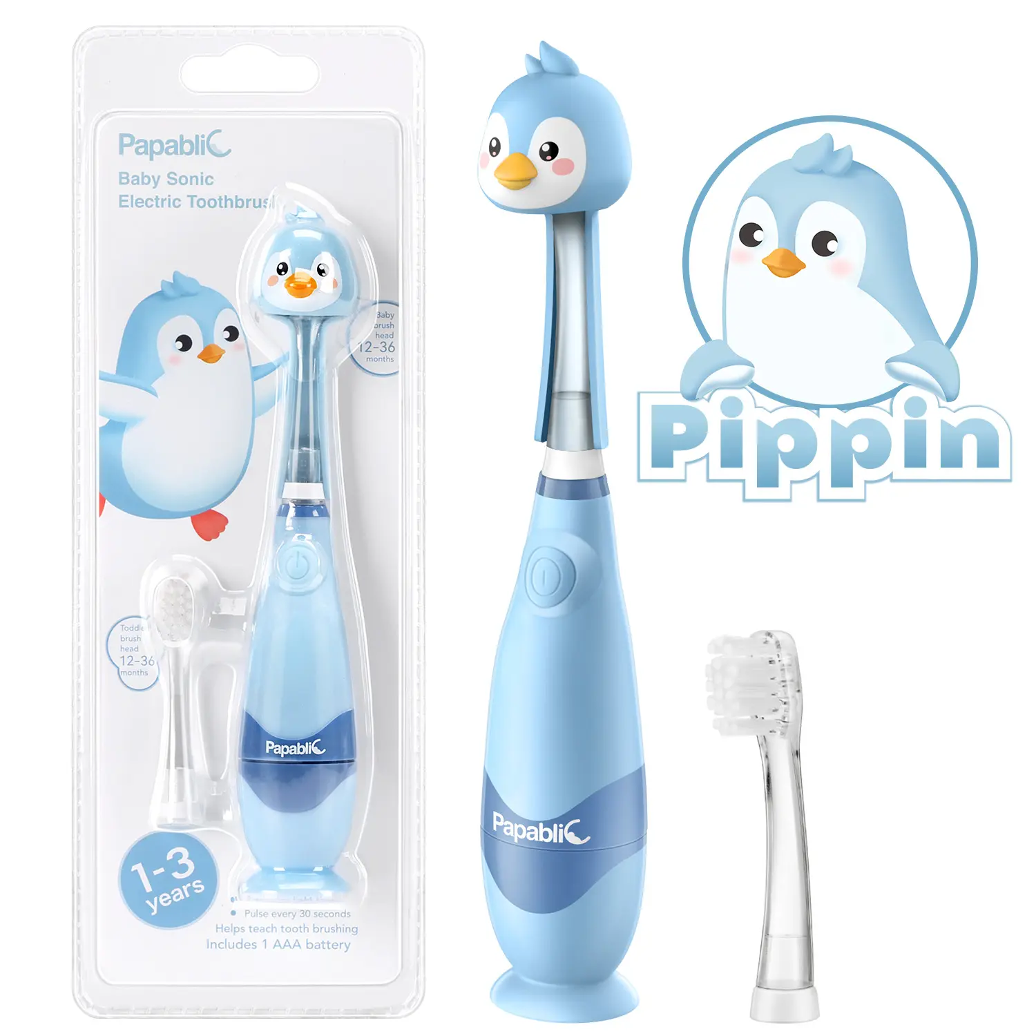 Papablic (Pippin) Toddler Sonic Electric Toothbrush for 1-3Y, Kids  Electric Toothbrush with Smart LED Timer & Penguin Cover, 2 Brush Heads, Gentle Clean, Lightweight Travel & Fun Oral Care Kit, Baby Toothbrush Set, Gifts