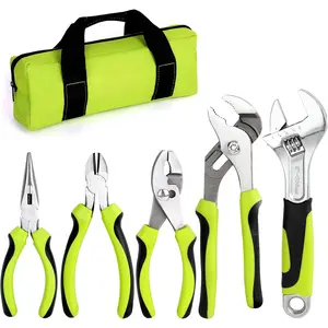 5- Utility Pliers Set with Storage Bag, Includes Groove Joint, Diagonal, Long Nose, Slip Joint Pliers and 8" Adjustable Wrench, Green