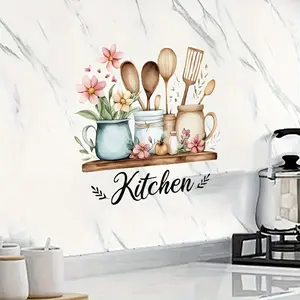 Kitchen Wall Sticker - Floral Spice Bottle Pattern, Decorative Sticker, Self-Adhesive Reusable Vinyl Decal, Suitable for Kitchen Living Room Dining Room Decor