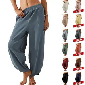 Women's loose wide leg pants, casual elastic waist, harem strap, pockets